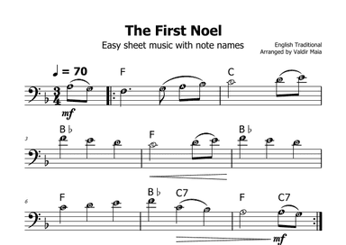 The First Noel - (F Major - with note names) (arr. Valdir Maia)