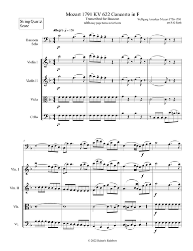 Mozart 1791 KV 622 Bassoon Concerto in F With String Quartet (arr. R G Roth)