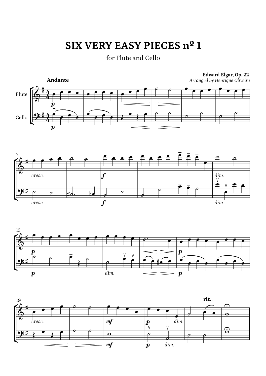 Six Very Easy Pieces nº 1 (Andante) - Flute and Cello (arr. Henrique Oliveira)