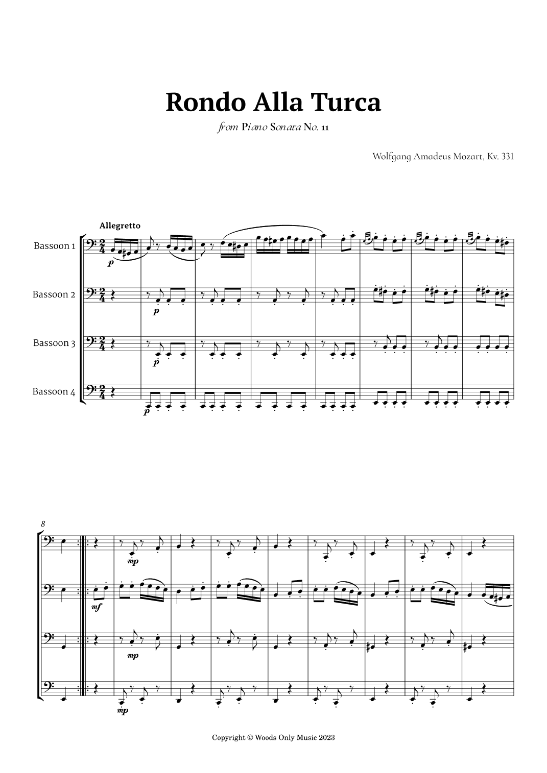 Rondo Alla Turca by Mozart for Bassoon Quartet (arr. Ander)