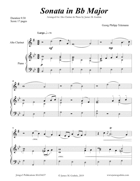 Telemann: Sonata in Bb Major for Alto Clarinet & Piano (arr. James M. Guthrie, ASCAP)