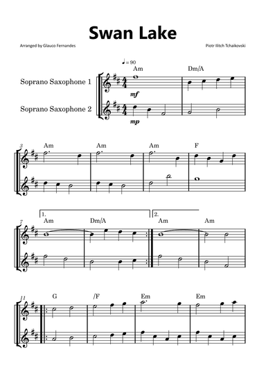 Swan Lake - Soprano Saxophone Duet with Chord Notations (arr. Glauco Fernandes)