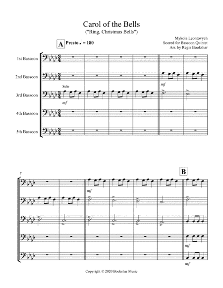 Carol of the Bells (F min) (Bassoon Quintet) (arr. Regis Bookshar)