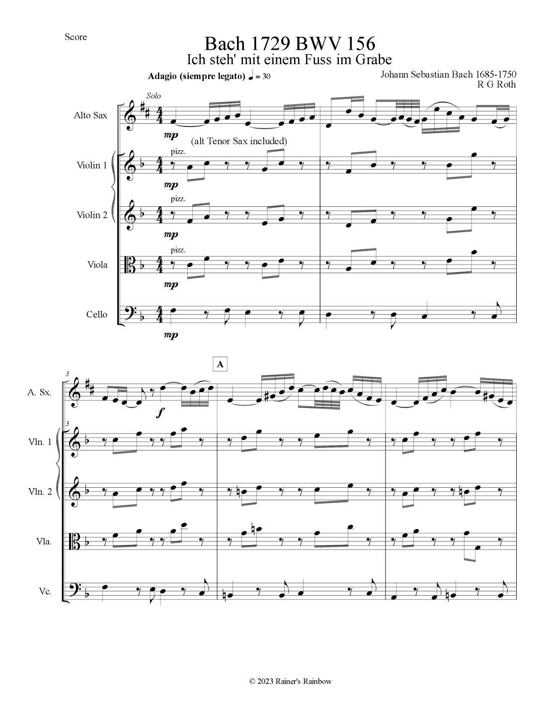 Bach 1729 BWV 156 Adagio for Solo Alto Sax or Tenor & Strings Parts & Score (arr. R G Roth)