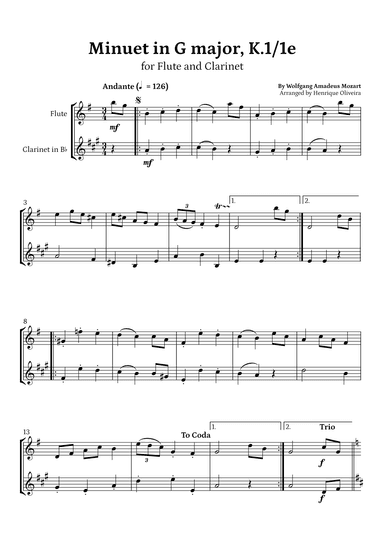 Minuet in G major, K.1/1e (Flute and Clarinet) - W. A. Mozart (arr. Henrique Oliveira)