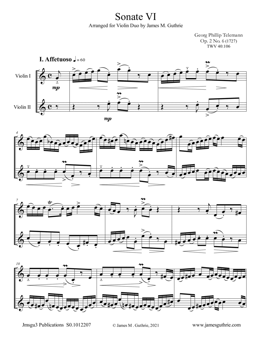 Telemann: Sonata Op. 2 No. 6 for Violin Duo (arr. James M. Guthrie)