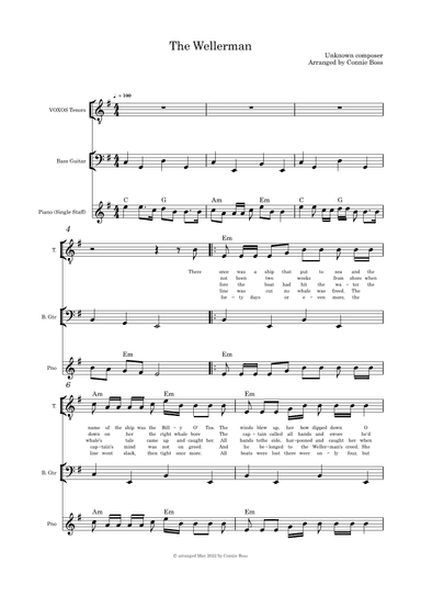 The Wellerman - Alto or Tenor, bass guitar and single staff Piano (arr. Connie Boss)