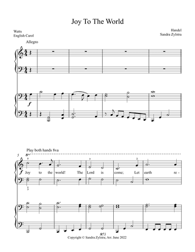 Joy To The World (elementary piano with optional duet) (arr. Sandra Zylstra)