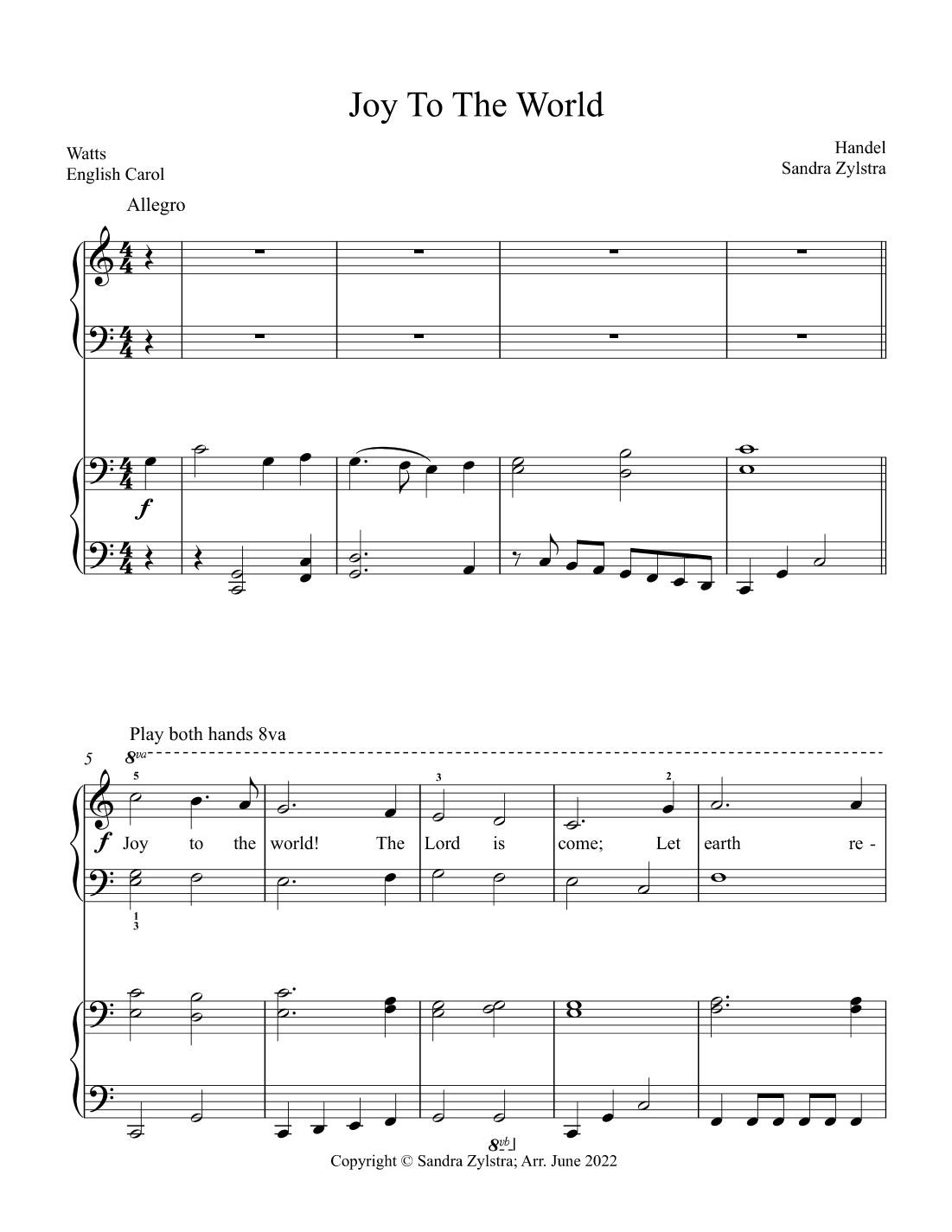 Joy To The World (elementary piano with optional duet) (arr. Sandra Zylstra)
