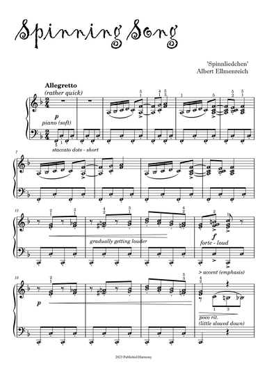 SPINNING SONG Albert Ellmenreich - Piano Sheet Music with note names (arr. Published Harmony)