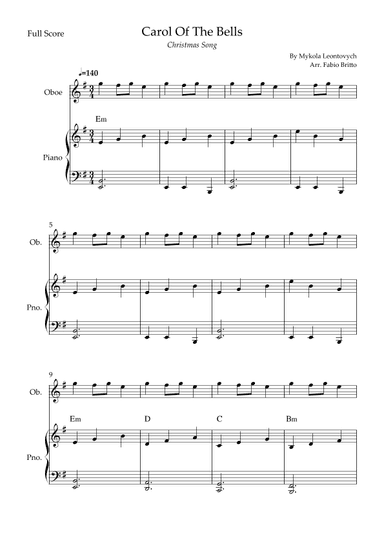 Carol Of The Bells (Christmas Song) for Oboe Solo and Piano Accompaniment with Chords (arr. Fabio Britto)