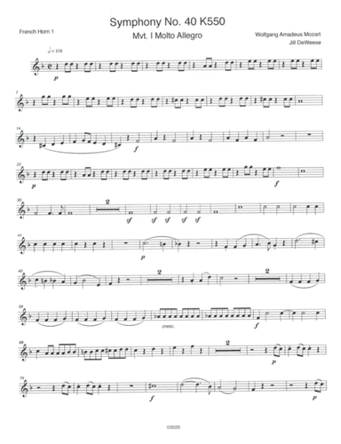 Mozart Symphony No. 40 in G minor, Movement 1 F Horn 1 only (arr. Jill DeWeese)