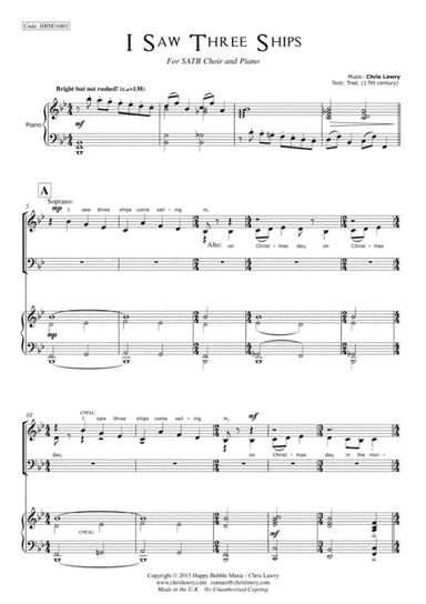 I Saw Three Ships - Chris Lawry - for SATB Choir with piano accompaniment