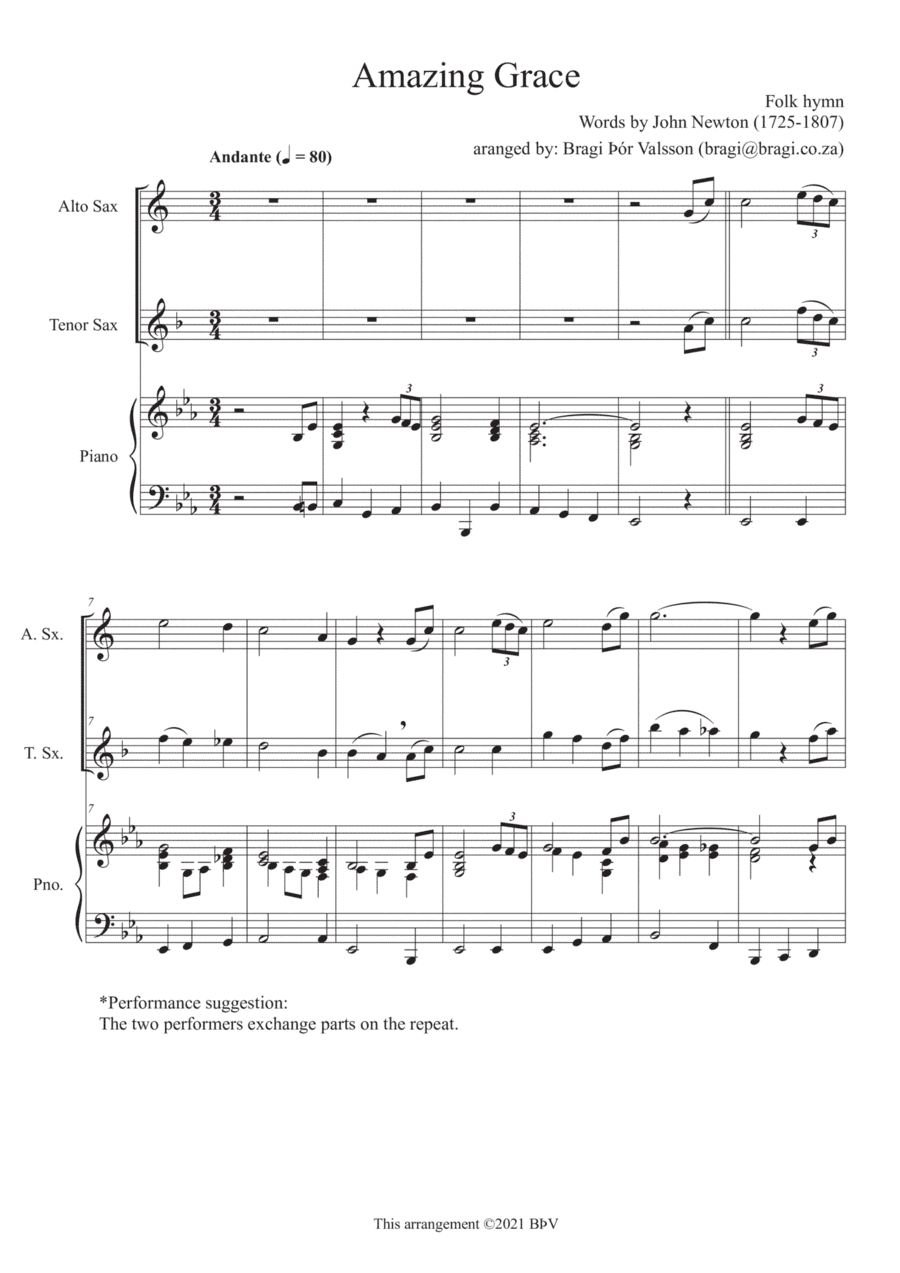 Amazing Grace - Duet for Alto Sax and Tenor Sax with Piano Accompaniment (arr. Bragi Thor Valsson)