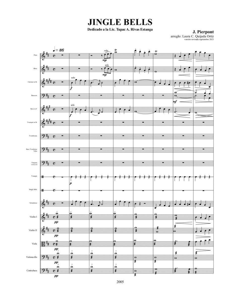 Jingle Bells for full children orchestra. SCORE; SECTIONS' SCORES PARTS. (arr. Laura C. Quijada Ortíz)