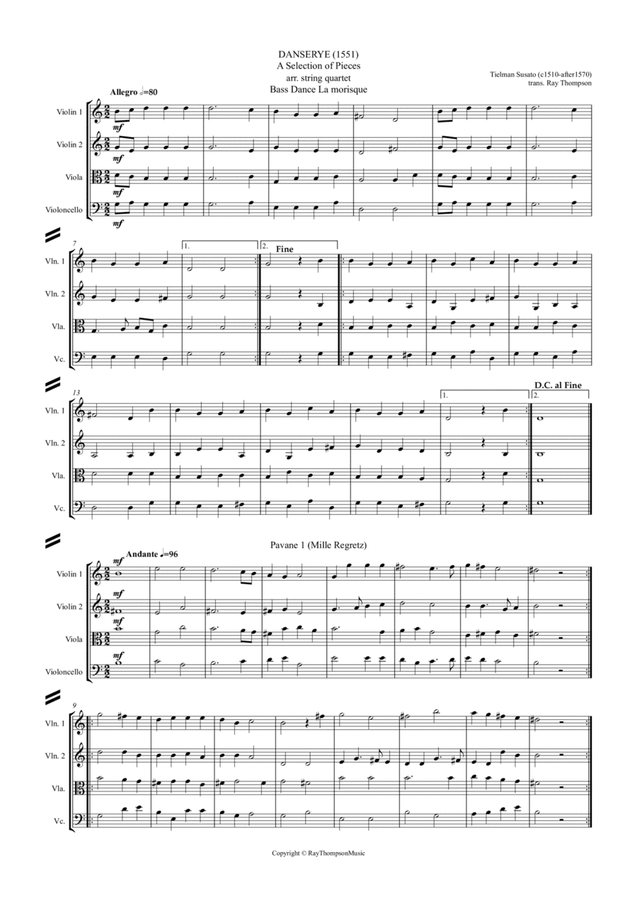 Susato: Danserye (1551) A Selection of Six Pieces - string quartet (arr. Ray  Thompson)