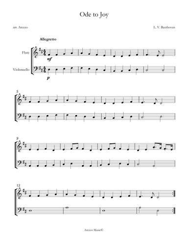 ode to joy easy flute and cello sheet music for beginners (arr. Arezzo Music)