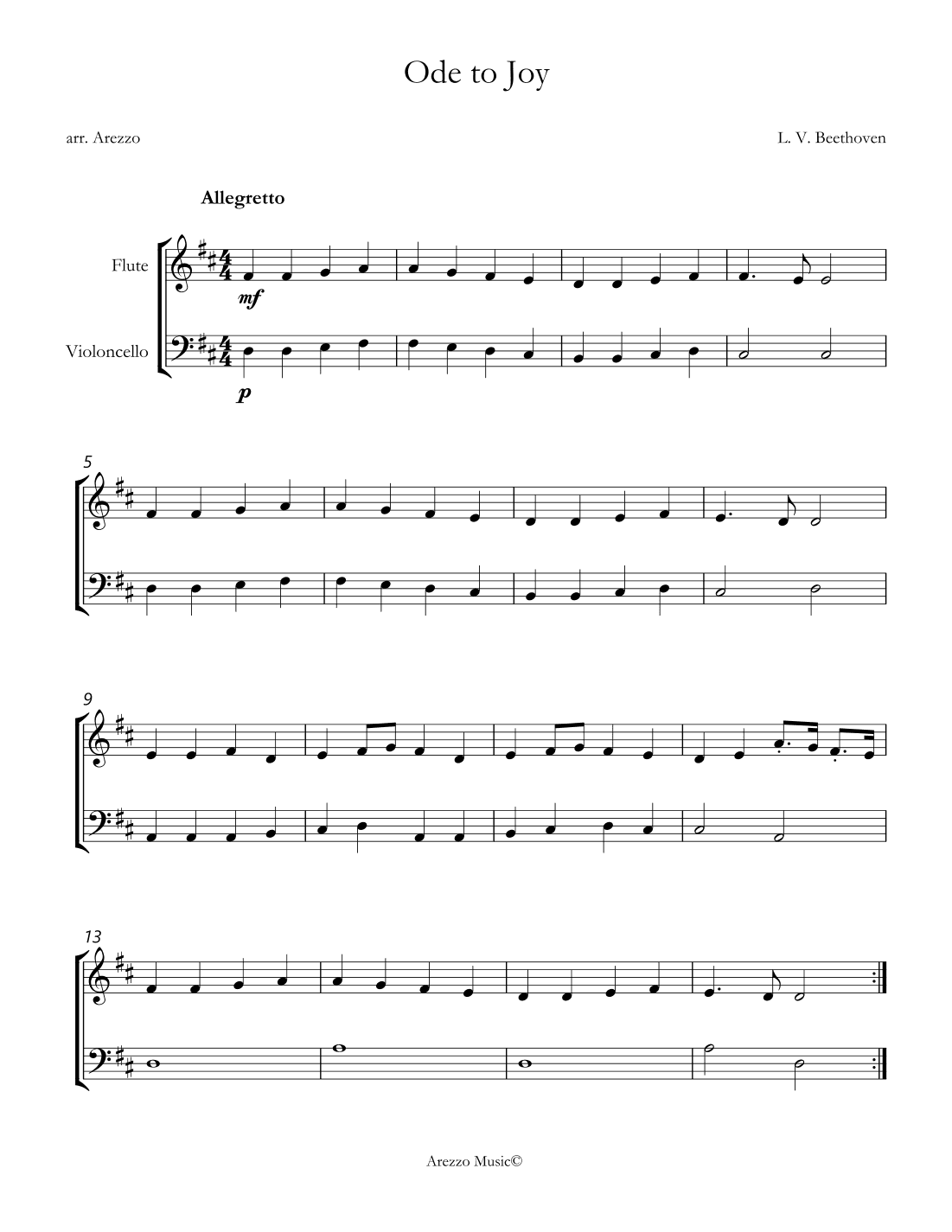 ode to joy easy flute and cello sheet music for beginners (arr. Arezzo Music)