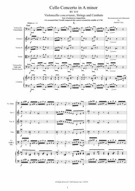 Vivaldi - Cello Concerto in A minor RV419 for Cello, Strings and Cembalo (arr. Santino Cara)