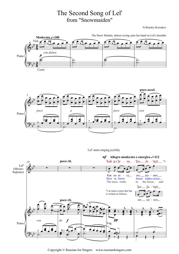 "Snowmaiden": The Second Song of Lel'. DICTION SCORE w IPA & translation (arr. Russian for Singers)