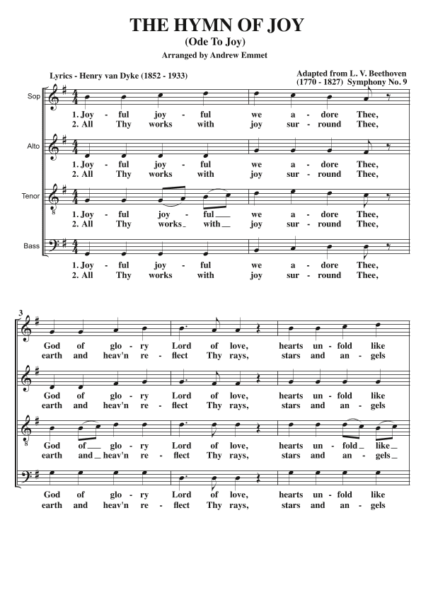 Ode To Joy (The Hymn Of Joy) A Cappella SATB (arr. Andrew Emmet)