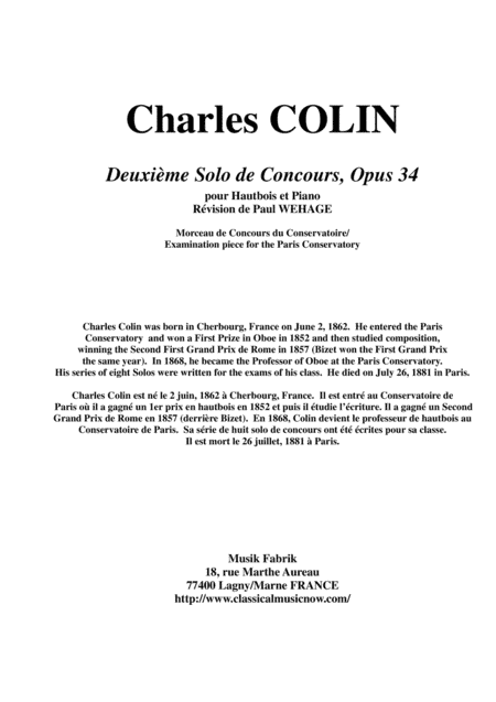 Charles Colin: Deuxième Solo de Concours, Opus 34 for oboe and piano (arr. Musik Fabrik Music Publishing)