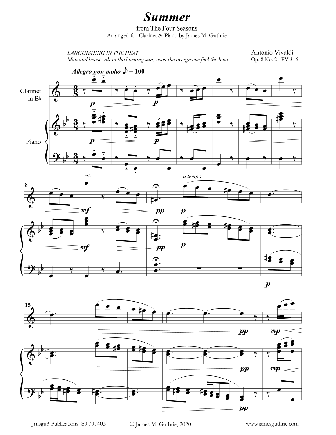 Vivaldi: Summer from the Four Seasons for Clarinet & Piano (arr. James M. Guthrie, ASCAP)