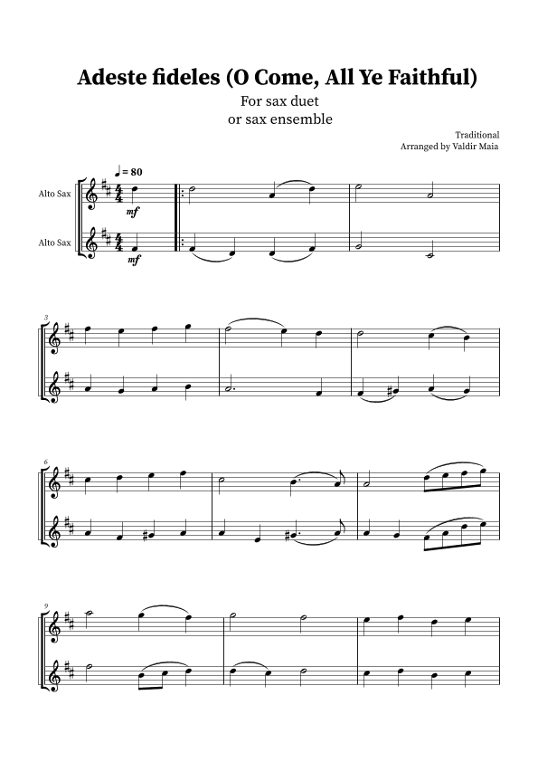 O Come, All Ye Faithful (Adeste Fideles) - Alto Sax Duet (arr. Valdir Maia)