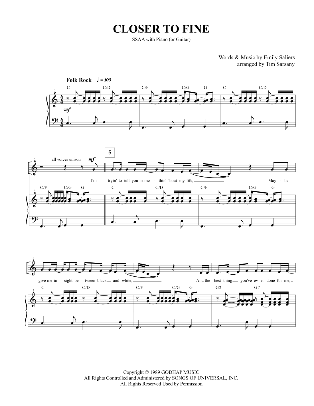 Closer To Fine (arr. Tim Sarsany)