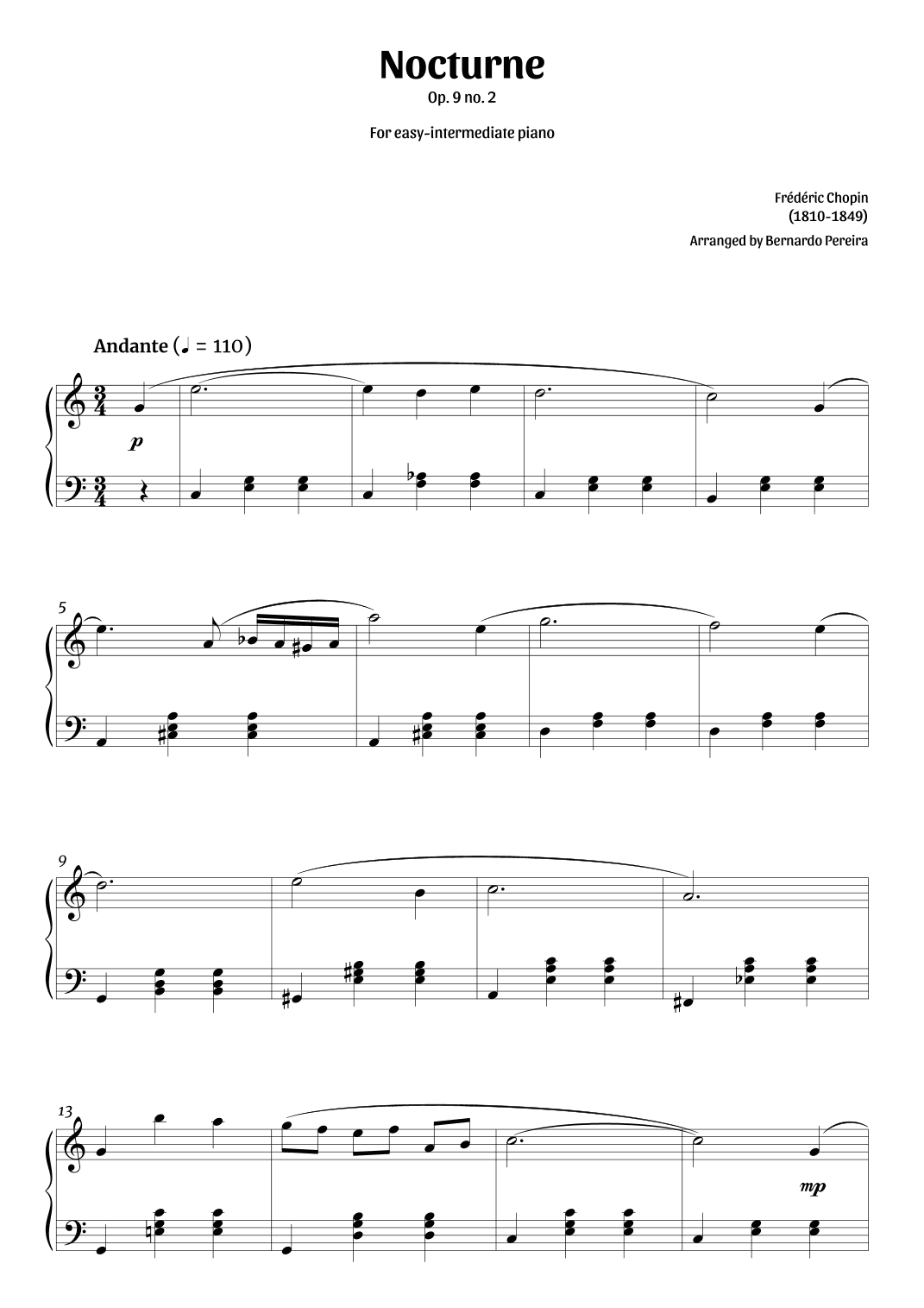 Nocturne Op. 9 no. 2 (easy-intermediate piano in C major – clean sheet music) (arr. Bernardo Pereira)