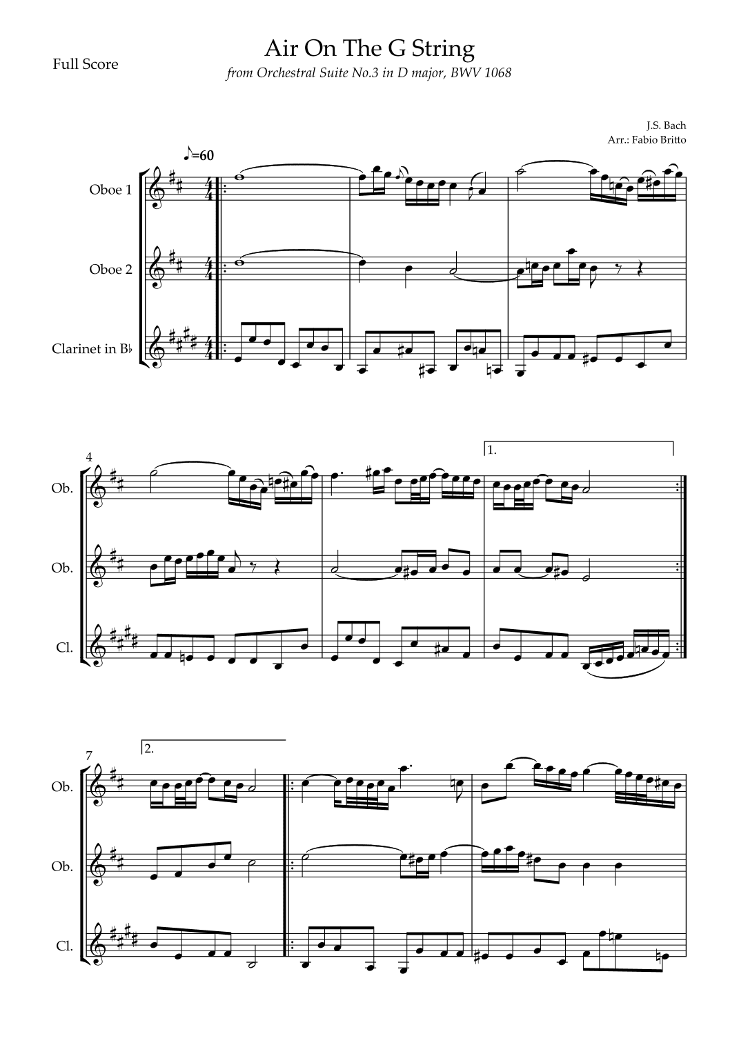 Air On The G String (J.S. Bach) for Woodwind Trio (arr. Fabio Britto)