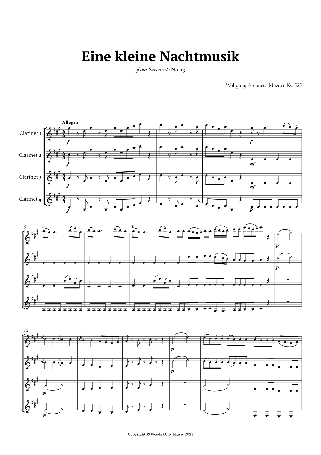 Eine kleine Nachtmusik by Mozart for Clarinet Quartet (arr. Ander)