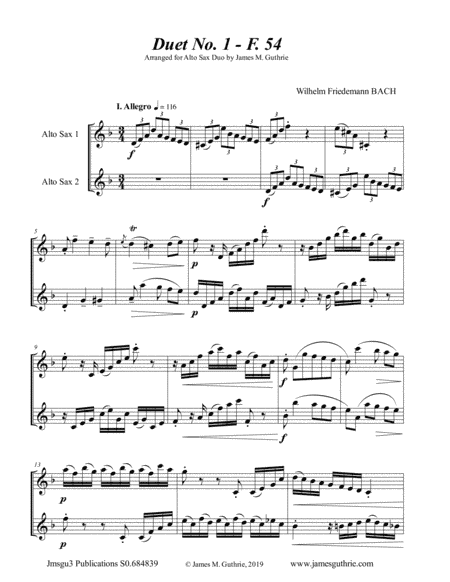 WF Bach: The Six Duets Complete for Alto Sax Duo (arr. James M. Guthrie, ASCAP)