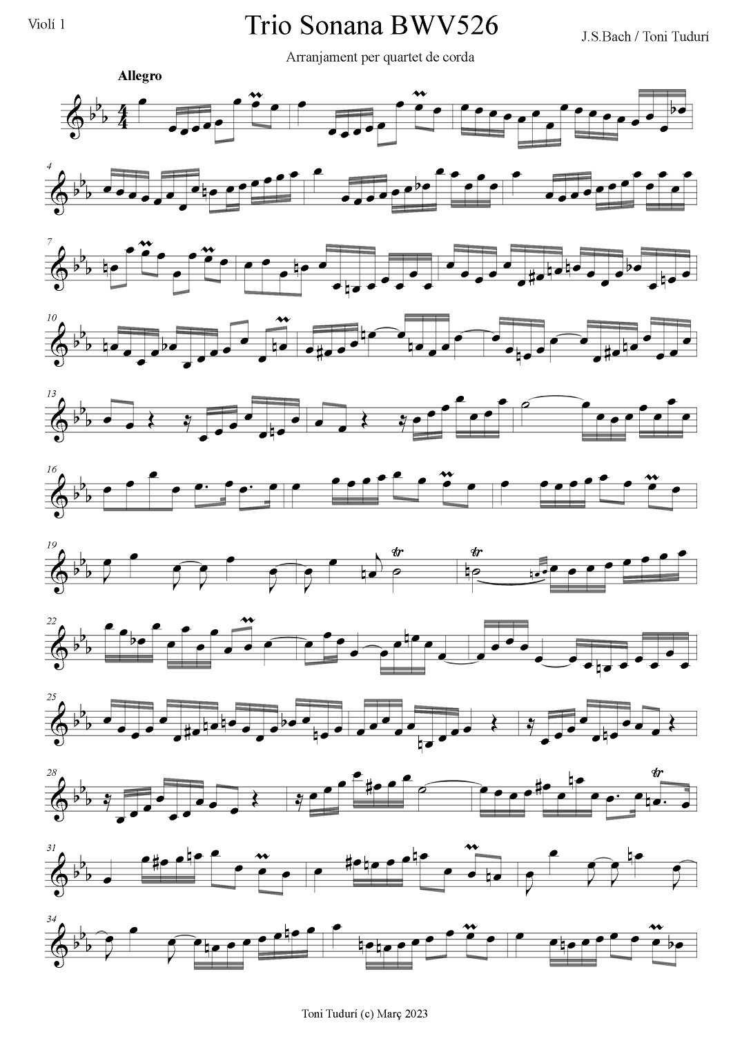 Trio sonata BWV526 in C minor for string quartet or woodwind quartet formations. (arr. Toni Tudurí)