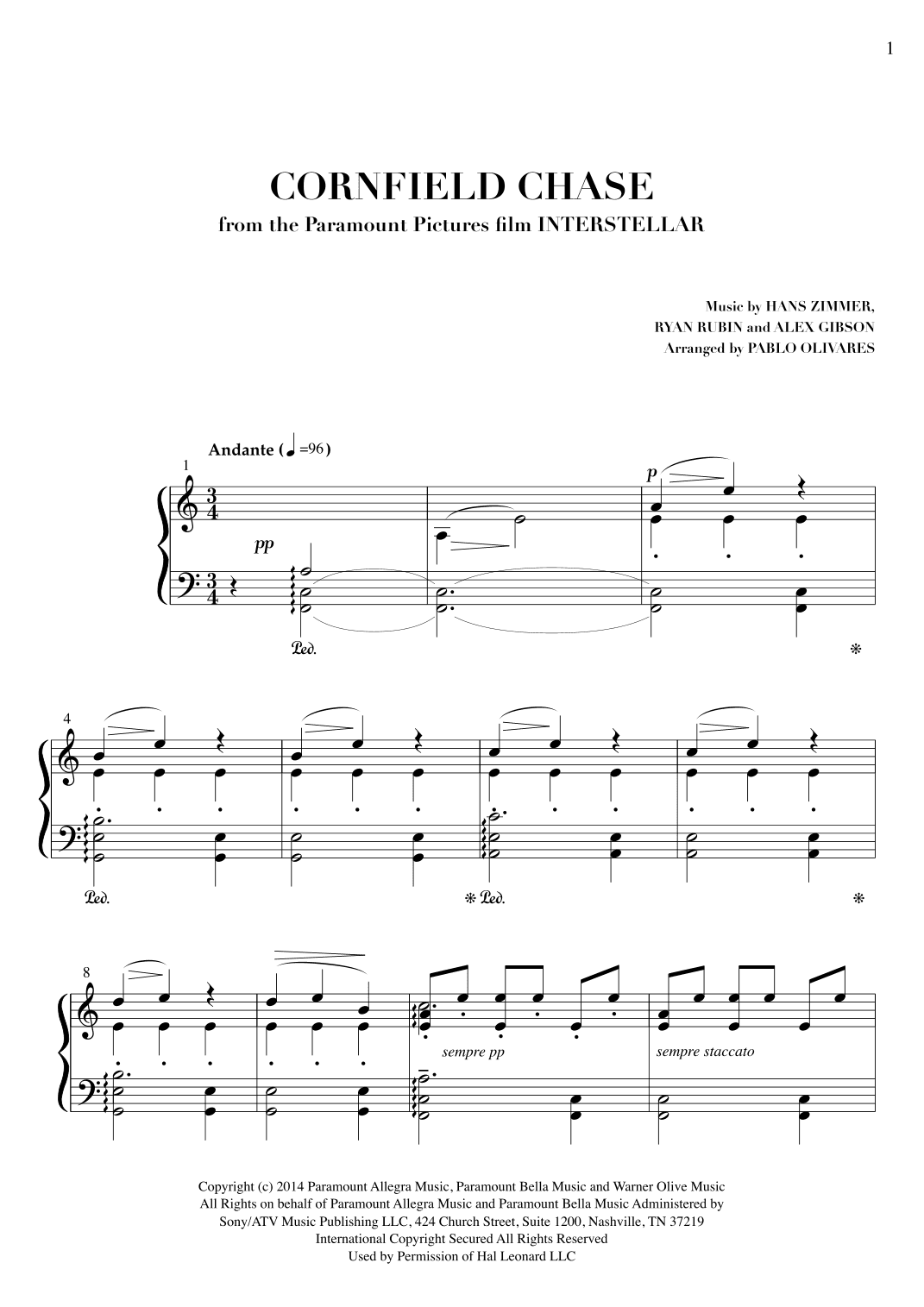 Cornfield Chase  from the Paramount Pictures film INTERSTELLAR (arr. Pablo Olivares)