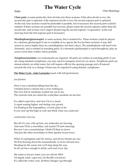 The Water Cycle - for children's choir (2-4 parts), piano and percussion