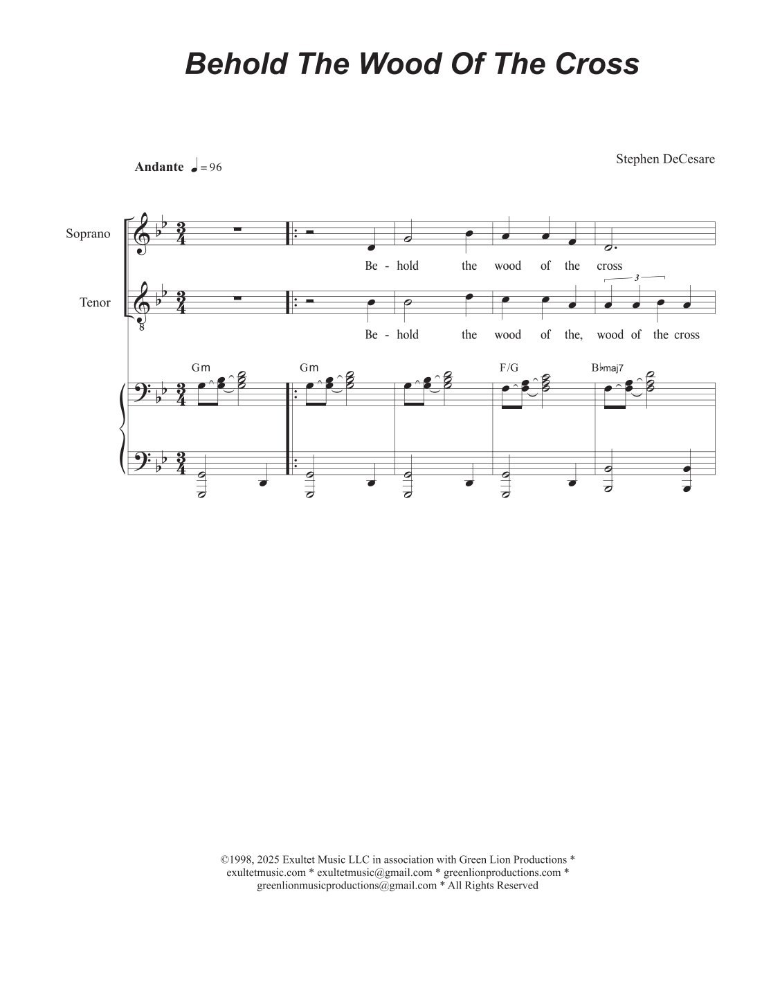 Behold The Wood Of The Cross (Duet for Soprano and Tenor solo)