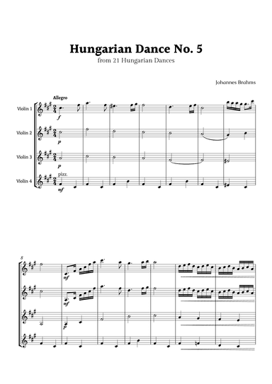 Hungarian Dance No. 5 by Brahms for Violin Quartet (arr. Rika K.)