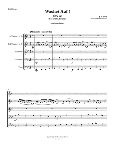 Sleepers Awake! (Wachet Auf!) BWV 140 for Brass Quintet (arr. Ohad Wand)
