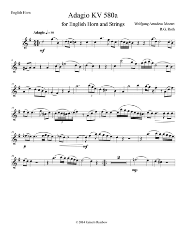 Mozart 1791 KV 580a Adagio for English Horn & Strings (arr. R G Roth)