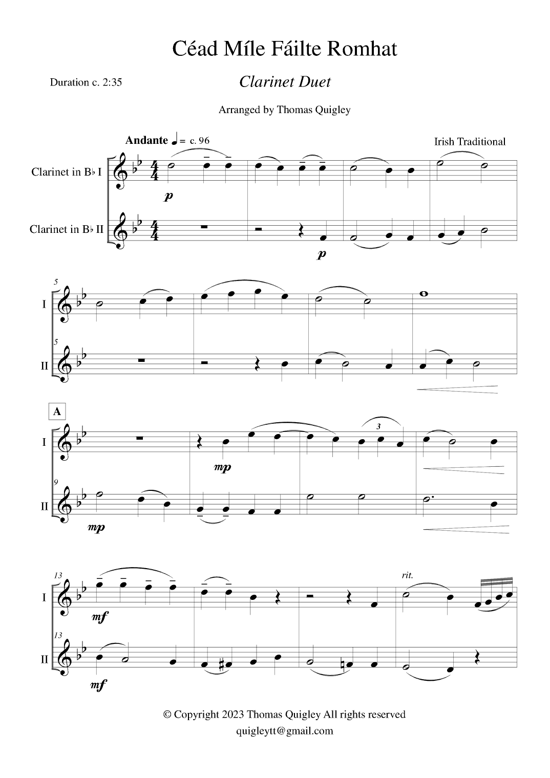 Céad Míle Fáilte Romhat (arr. Thomas Quigley)