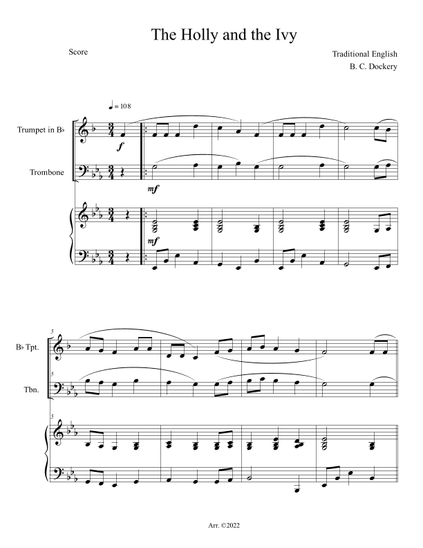 The Holly and the Ivy (Trumpet and Trombone Duet with Piano Accompaniment) (arr. B. C. Dockery)