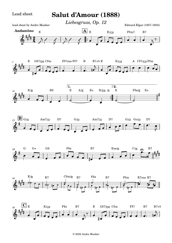 Edward Elgar - Salut d'Amour (Liebesgruss) - lead sheet (arr. Andre Maaker)