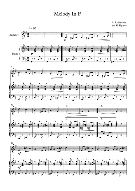 Melody In F, Anton Rubinstein, For Trumpet & Piano (arr. Eugene Egorov)