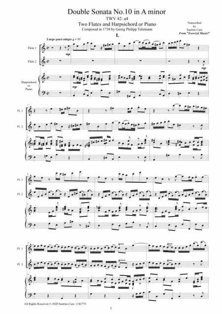 Telemann - Double Sonata No.10 in A minor TWV 42-a4 forTwo Flutes and Harpsichord or Piano (arr. Santino Cara)