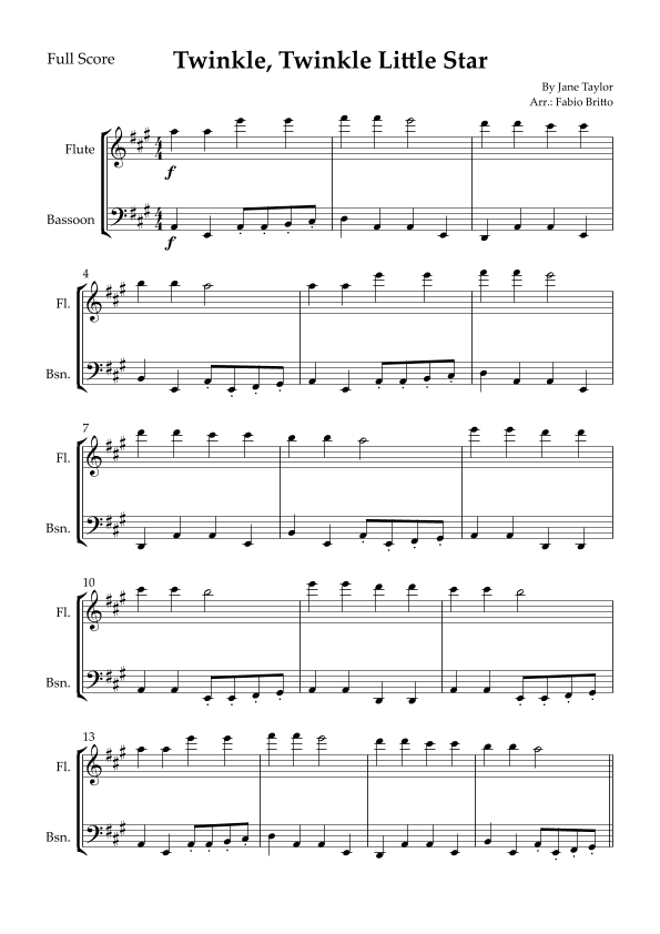 Twinkle, Twinkle Little Star for Flute & Bassoon Duo (arr. Fabio Britto)