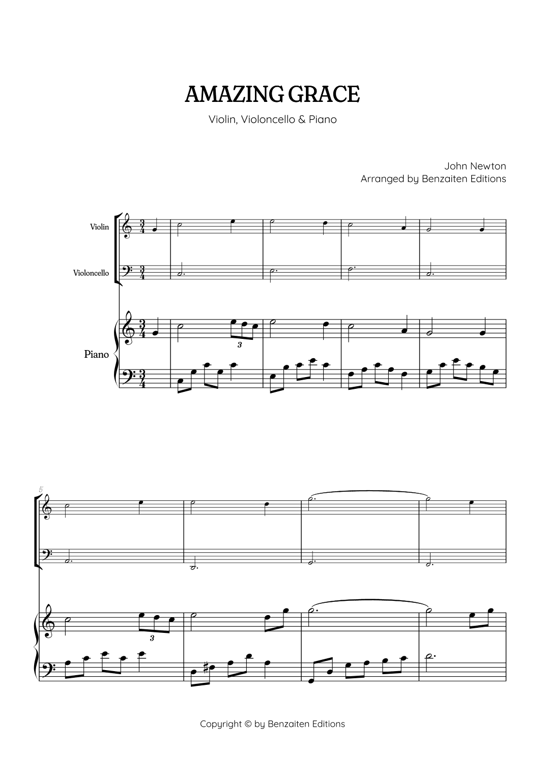 Amazing Grace • super easy violin & cello with intermediate piano accompaniment (arr. Benzaiten Editions)