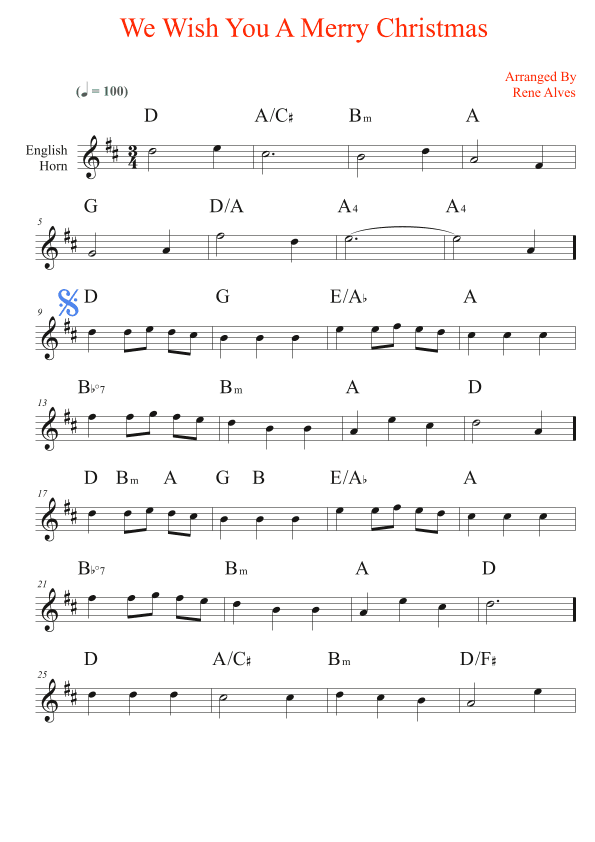We Wish You A Merry Christmas, English horn sheet music and melody for the beginning musician (easy) (arr. Rene Alves)