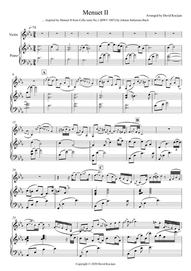 Menuet II from Cello suite No.1 (violin & piano) (arr. David Kocijan)