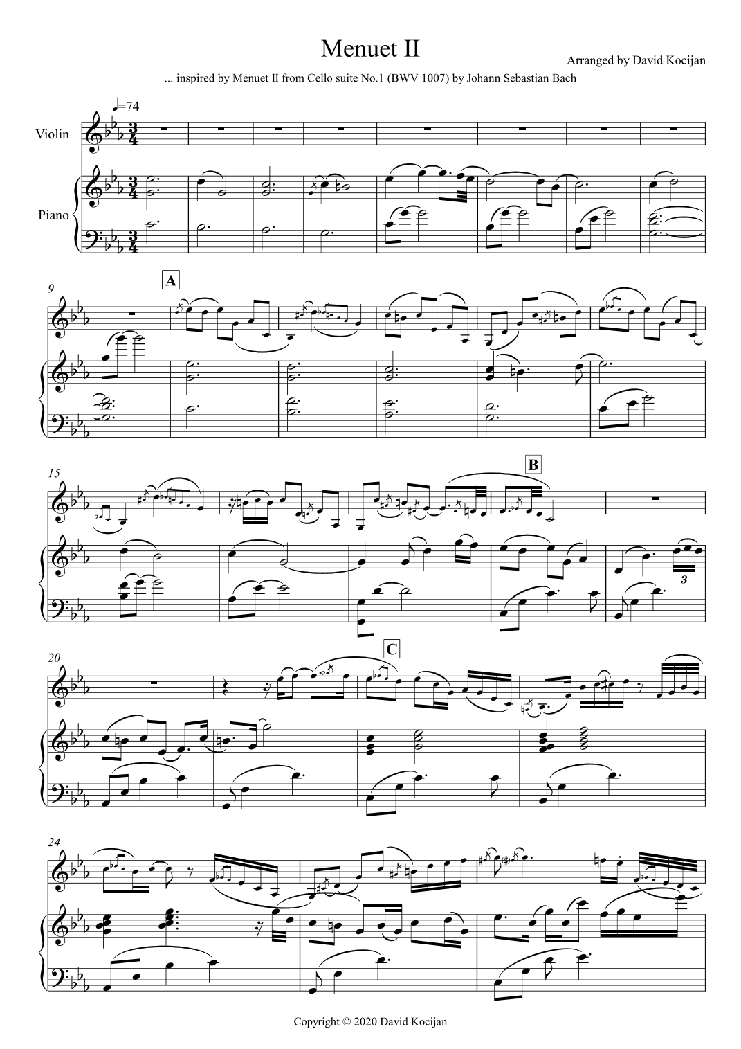 Menuet II from Cello suite No.1 (violin & piano) (arr. David Kocijan)